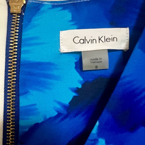 Calvin Klein Blue Floral Dress Sleeveless Midi Fitted Gold Zipper - Picture 5 of 5